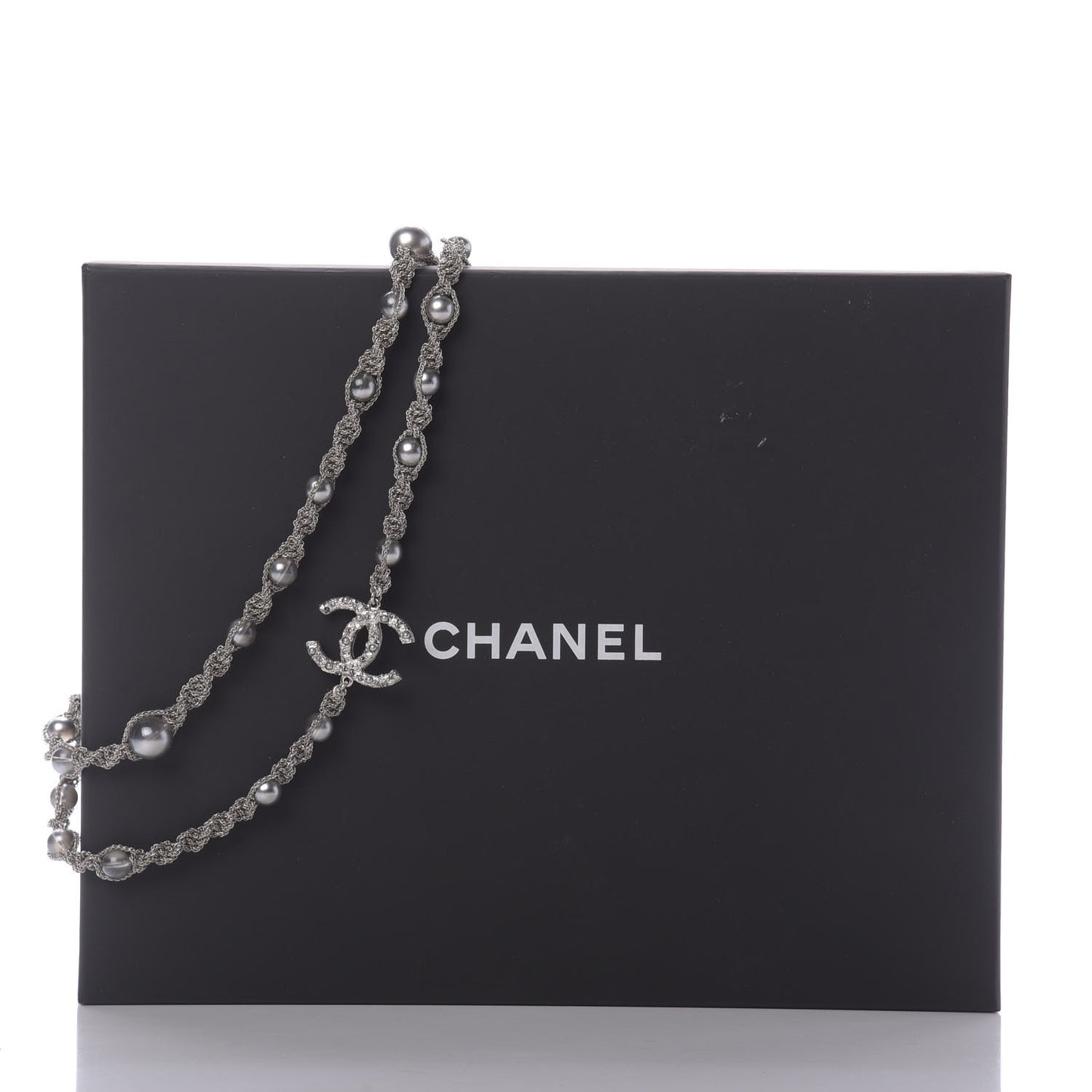 Pearl Bead CC Long Necklace Silver Grey