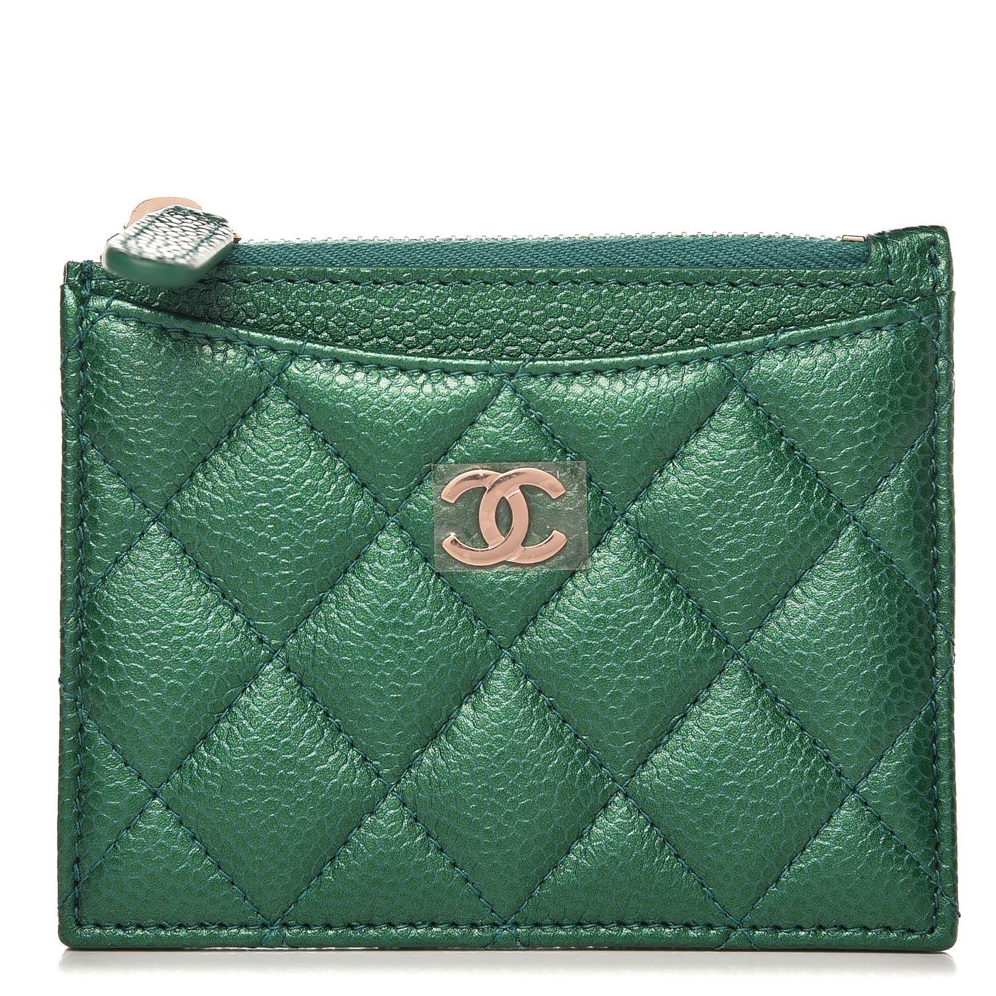 Metallic Caviar Quilted CC Zip Card Holder Green