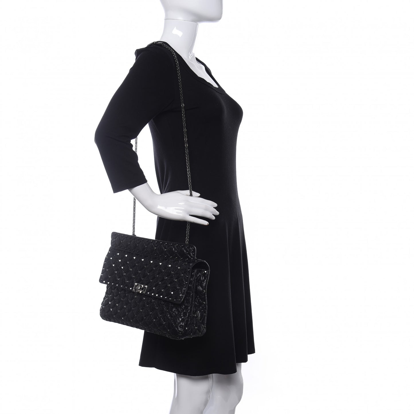 Craquele Nappa Large Rockstud Spike Shoulder Bag Black