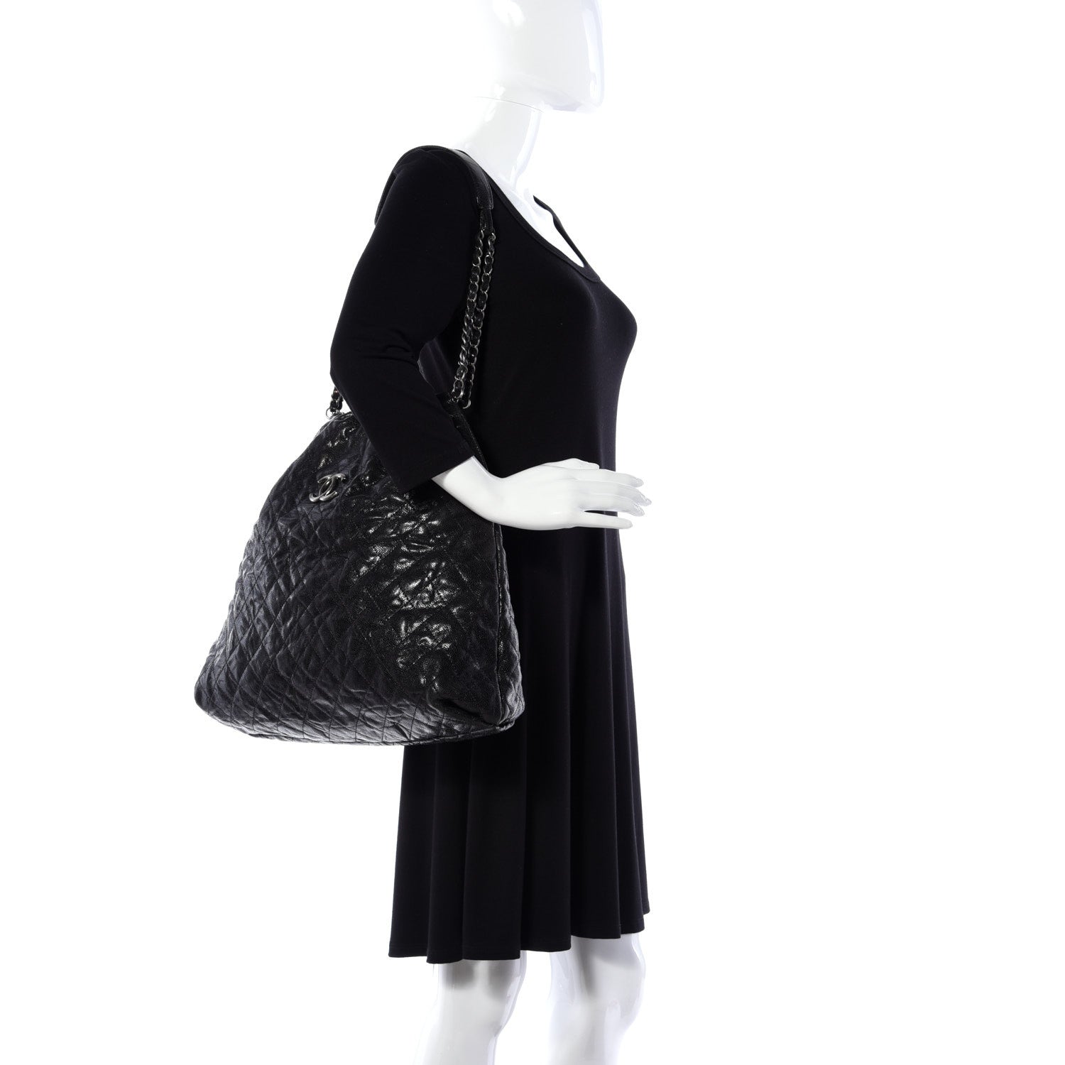 Chanel Distressed Glazed Caviar Quilted Large Elastic Tote Black 2 of 14