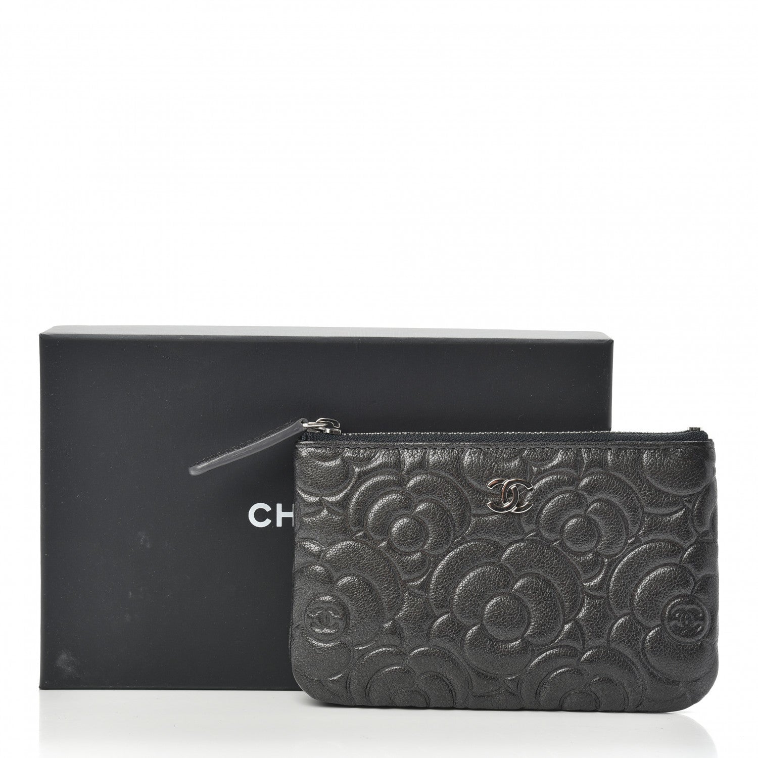 Chanel Goatskin Camellia Embossed Cosmetic Pouch Anthracite 5 of 8