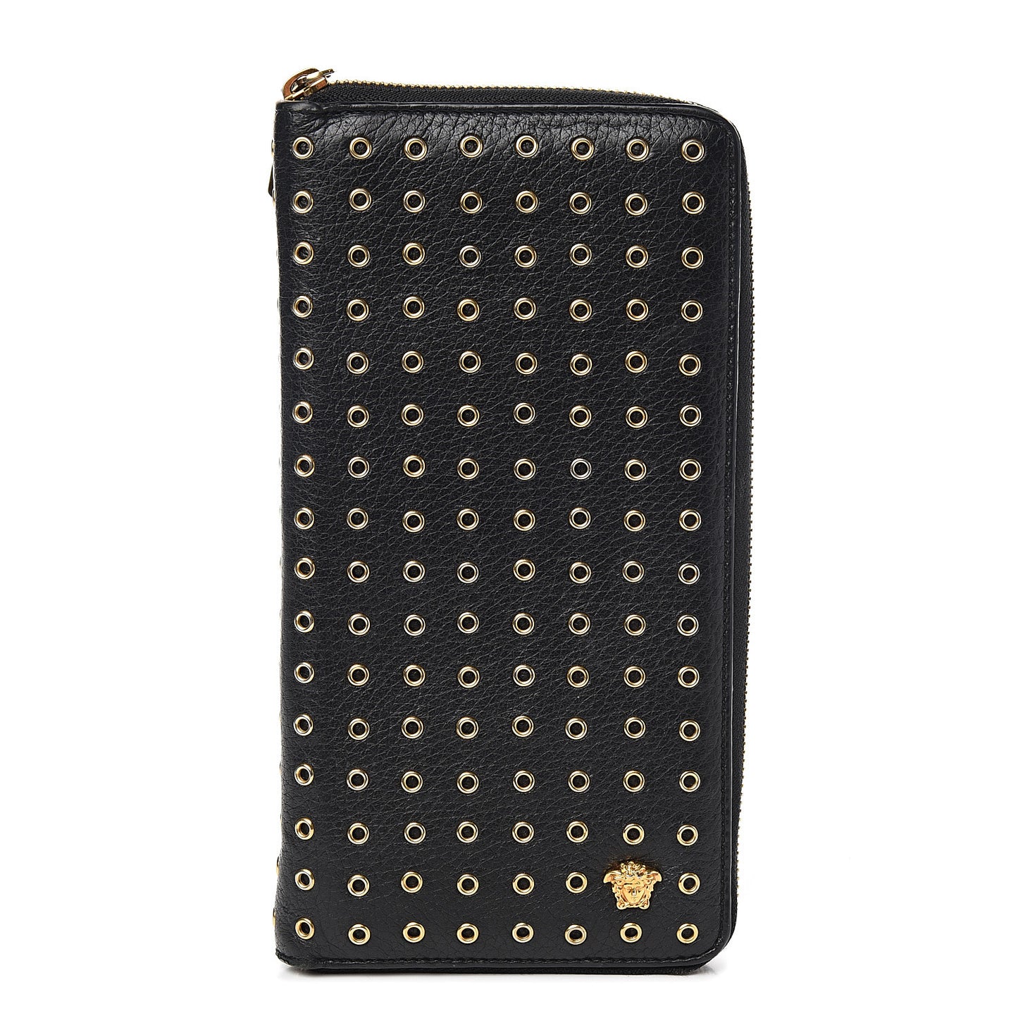 Calfskin Grommet Zip Around Organizer Wallet Black
