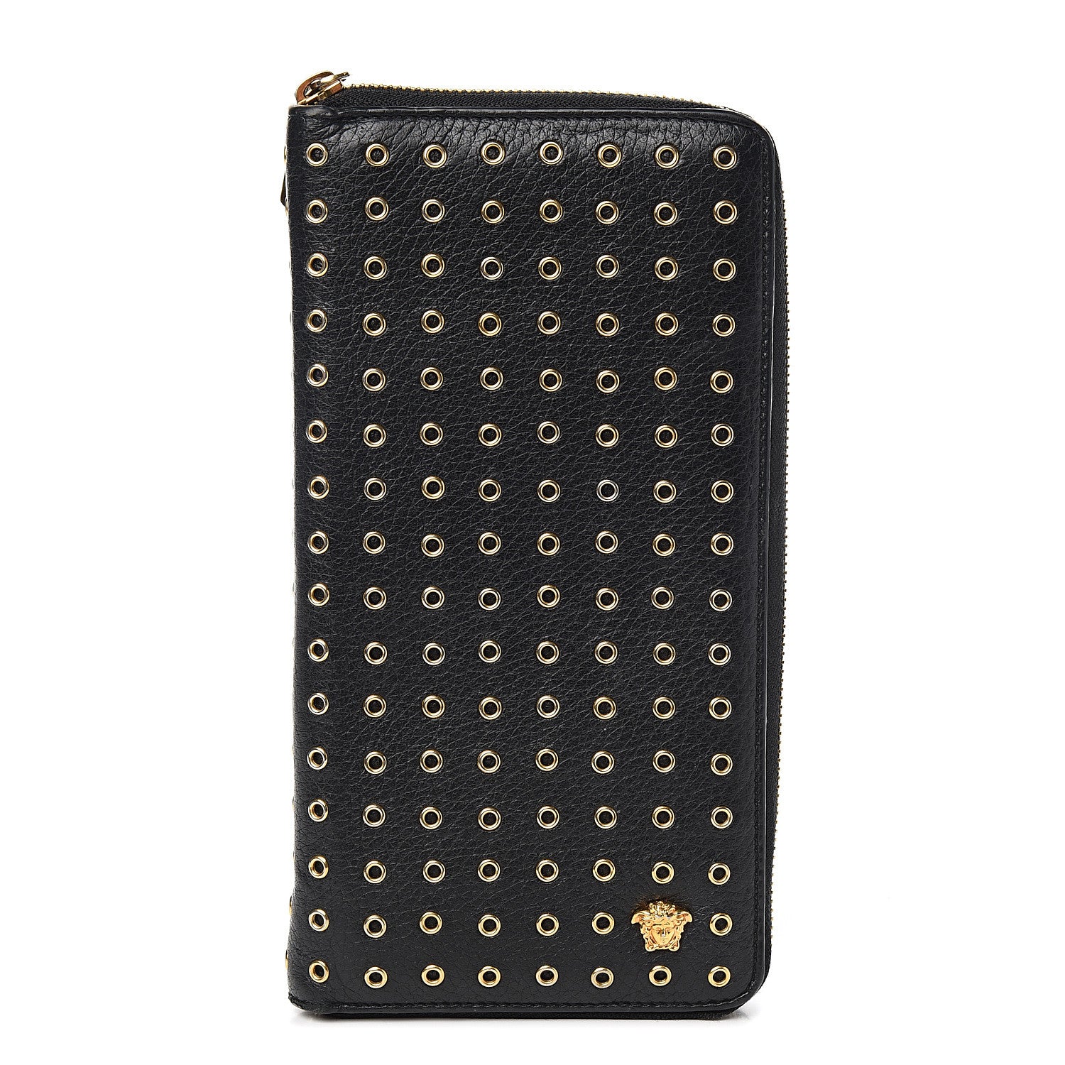 Versace Calfskin Grommet Zip Around Organizer Wallet Black 1 of 6