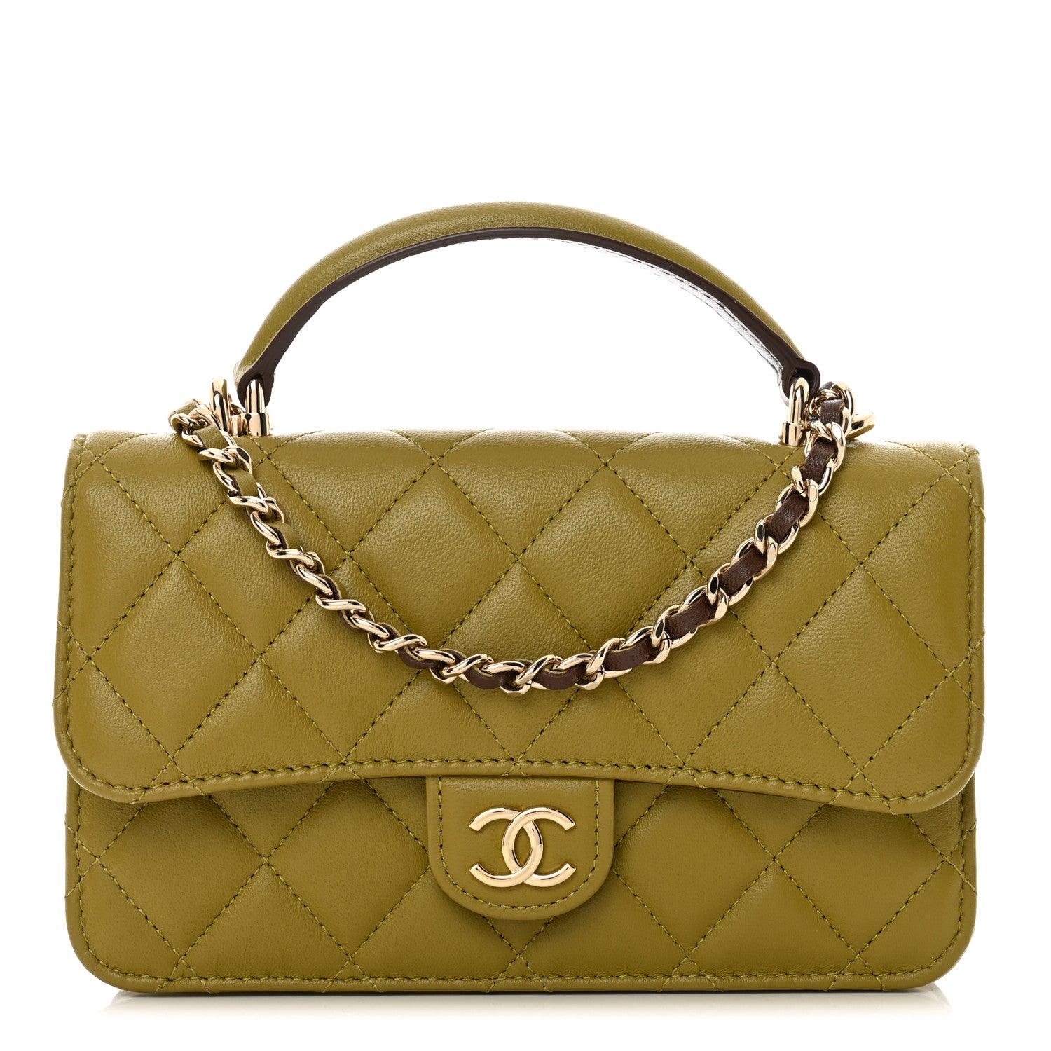 Chanel Lambskin Quilted Flap Phone Holder With Chain Green Brown 1 of 12
