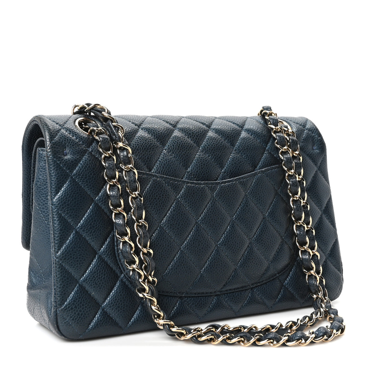Metallic Caviar Quilted Medium Double Flap Dark Blue