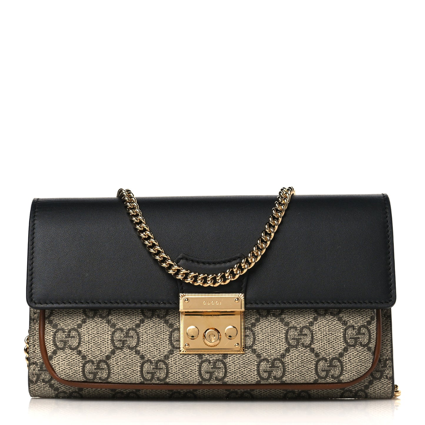 GG Supreme Monogram Calfskin Padlock Chain Wallet Beige Black Cuir