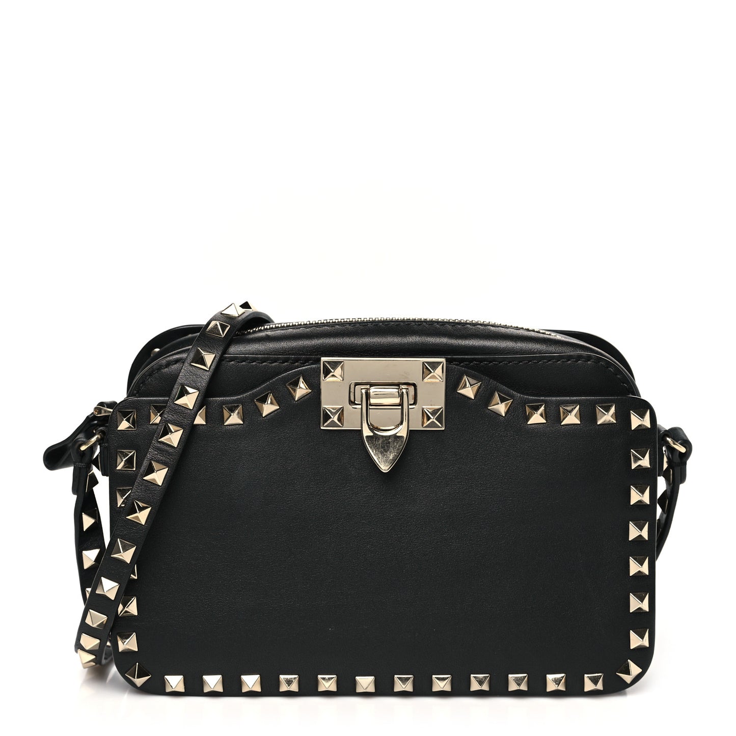Grained Calfskin Rockstud Flip Lock Camera Crossbody Bag Black