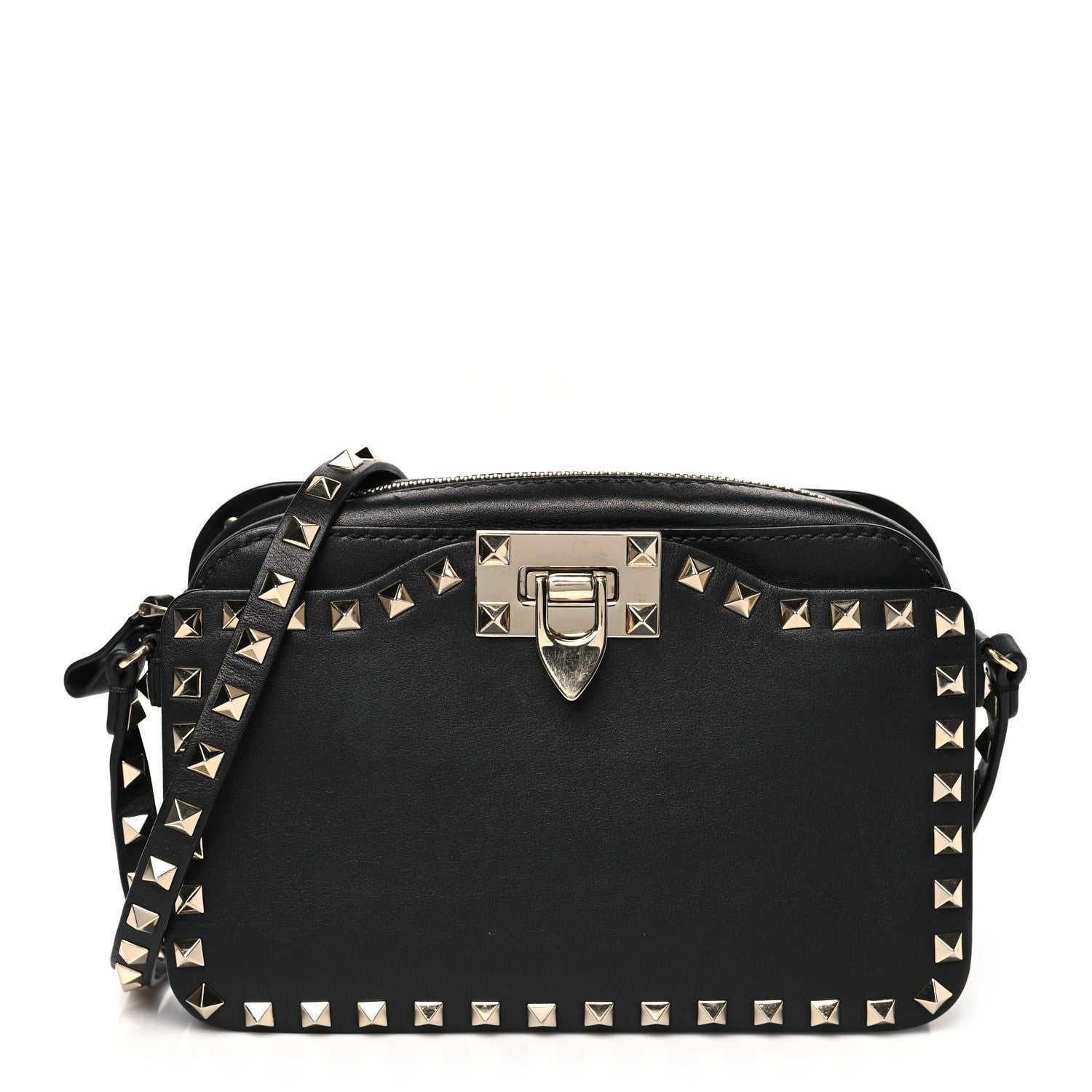 Valentino Garavani Grained Calfskin Rockstud Flip Lock Camera Crossbody Bag Black 1 of 10