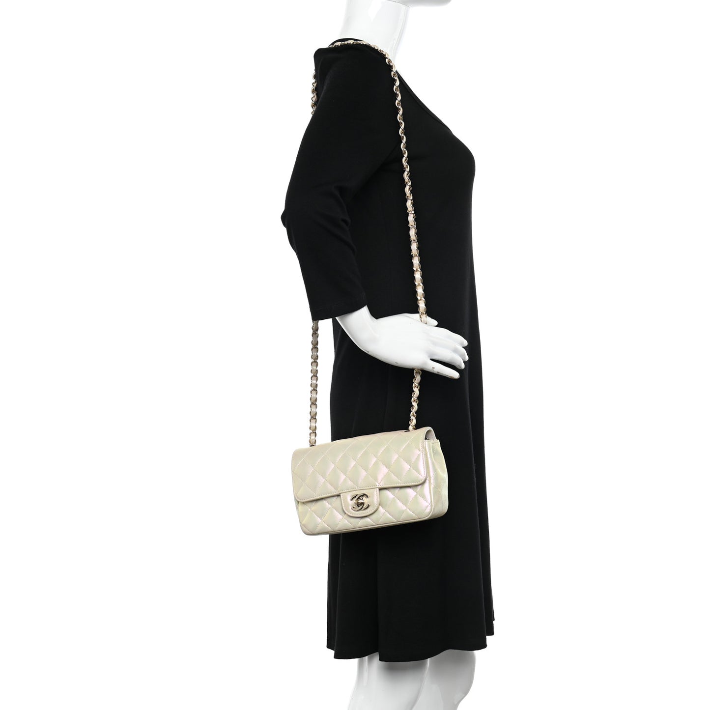 Iridescent Lambskin Quilted Mini Rectangular Flap Ivory
