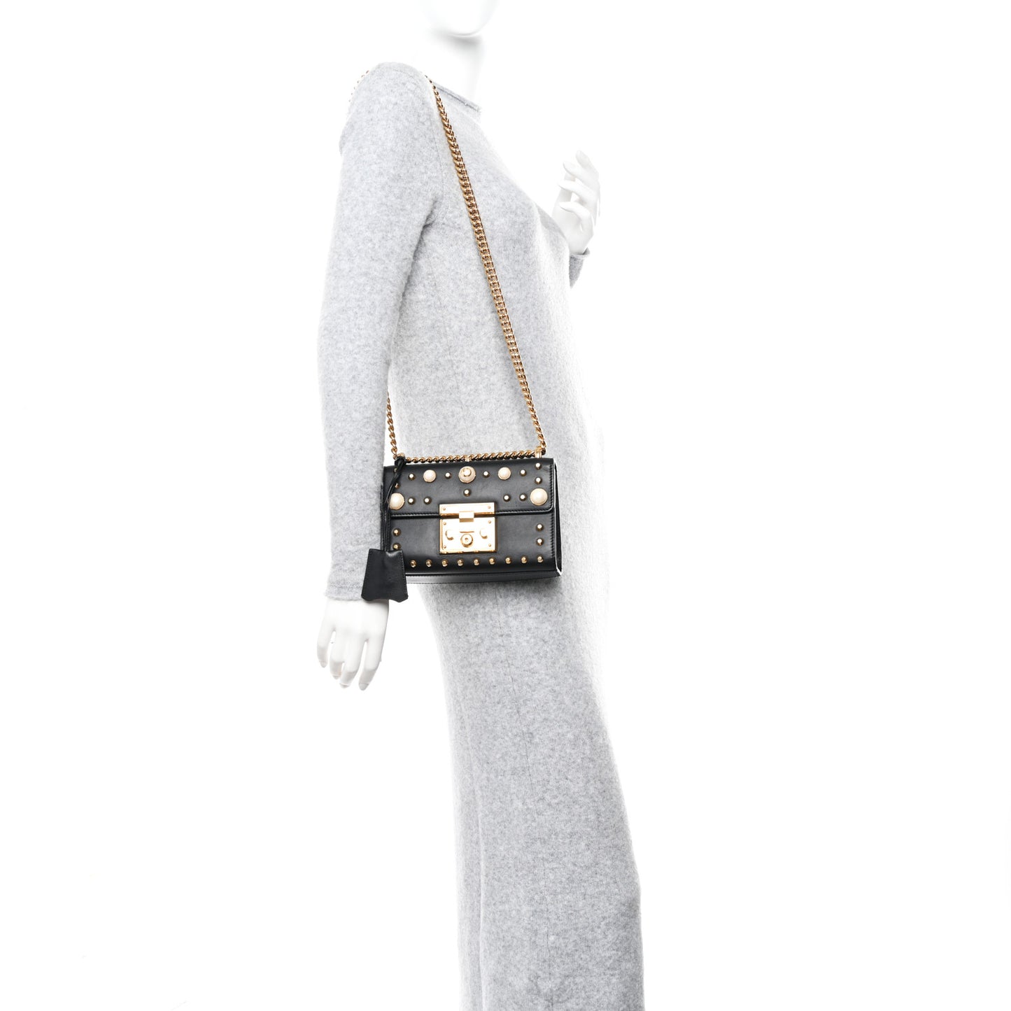 Calfskin Studded Small Padlock Shoulder Bag Black