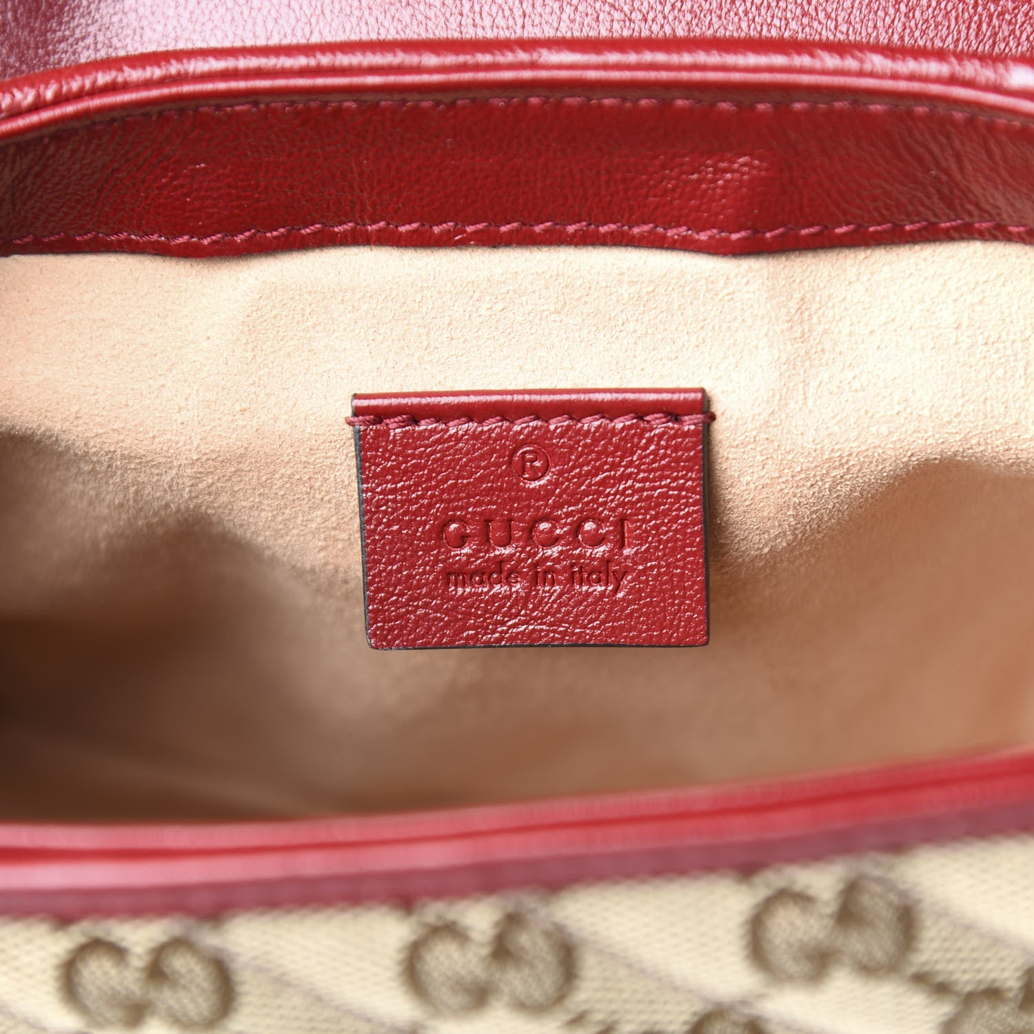 Gucci Monogram Glazed Calfskin Matelasse Diagonal Mini GG Marmont Top Handle Shoulder Bag Beige Ebony New Cherry Red 9 of 13
