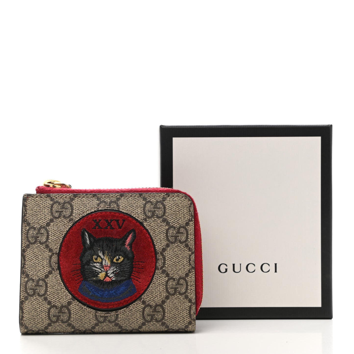 GG Supreme Monogram Mystic Cat Patch Zip Around Card Case Wallet Beige Hibiscus Red