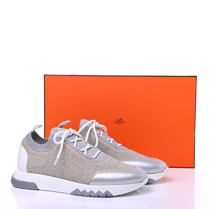 Hermes Metallic Knit Calfskin Suede Goatskin Bi-Color Womens Addict Sneakers 37 Multicolor Gris Argent 12 of 12