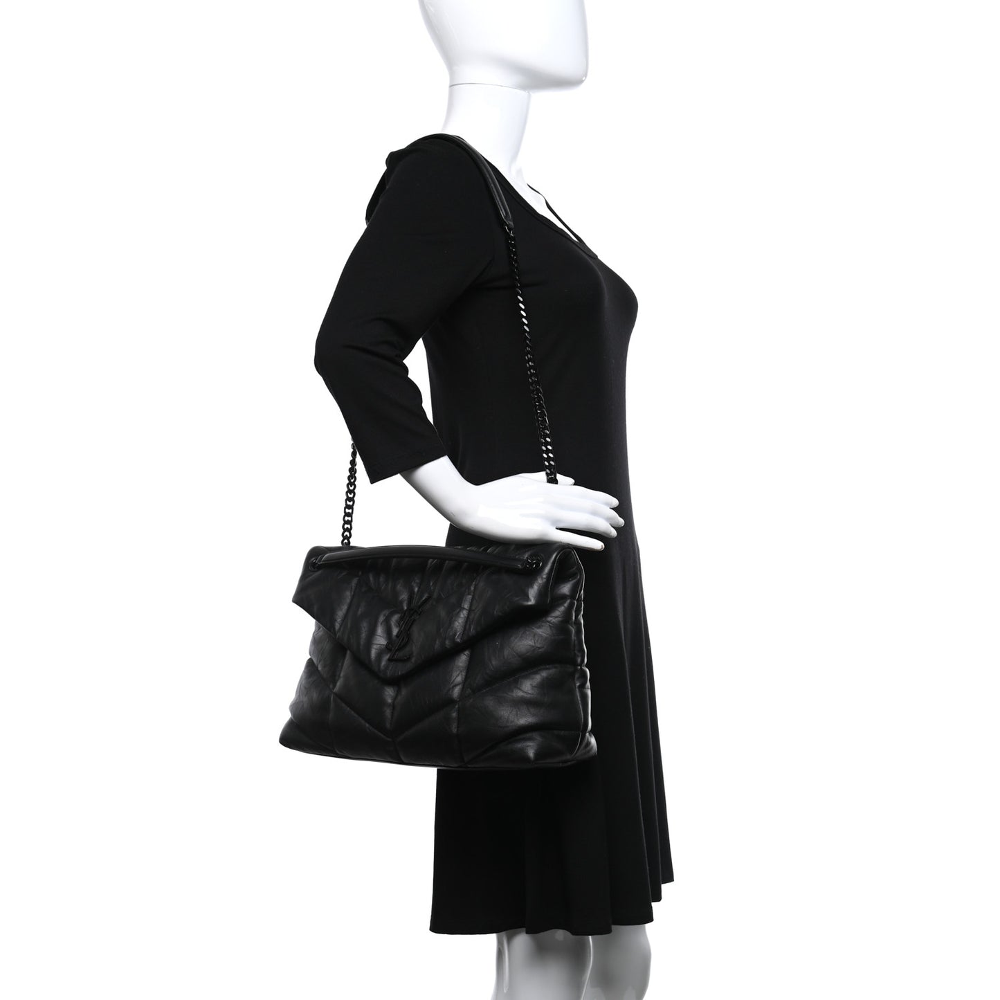 Calfskin Quilted Medium Loulou Puffer Monogram Chain Satchel Black