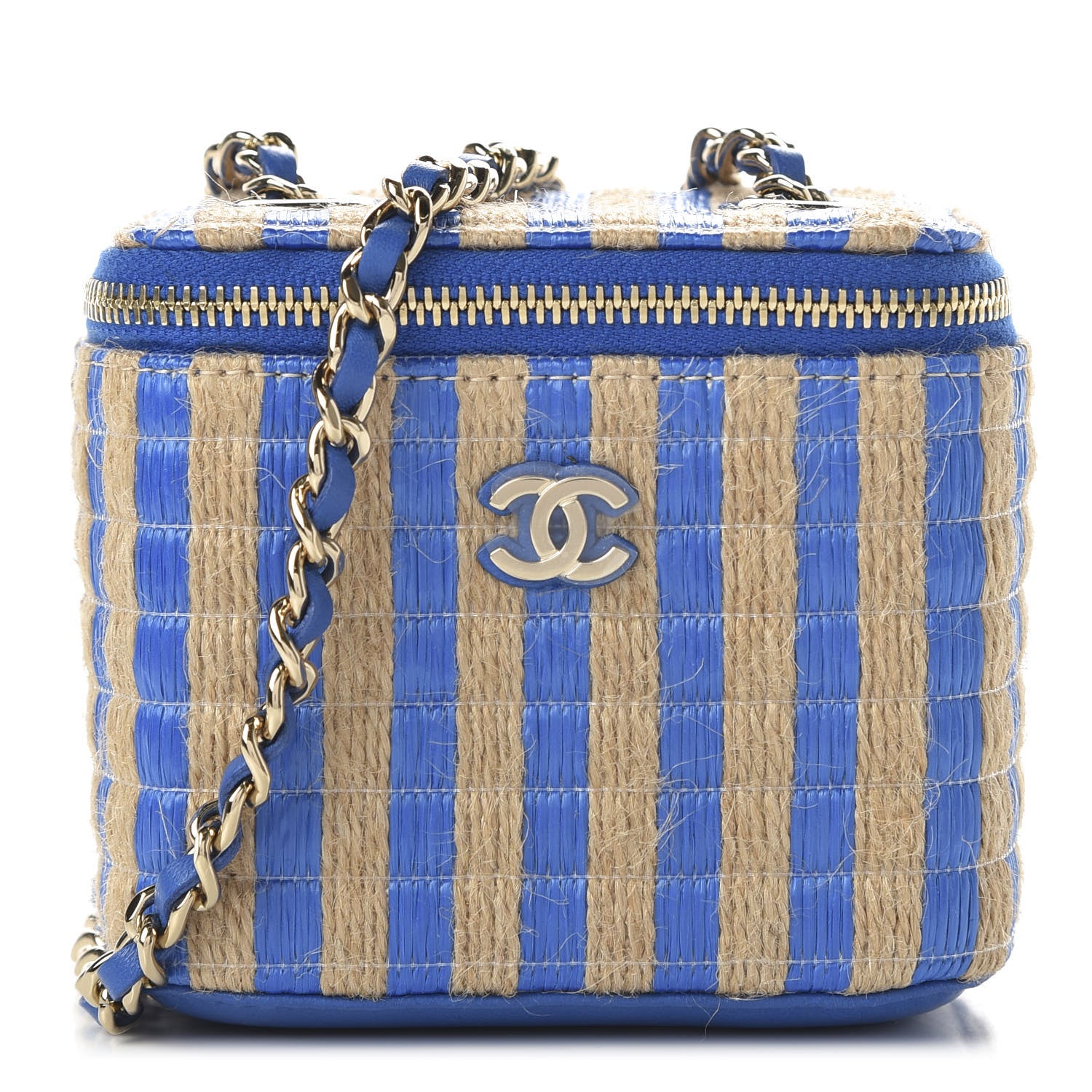 Chanel Raffia Jute Striped Mini Vanity Case With Chain Blue Beige 1 of 11