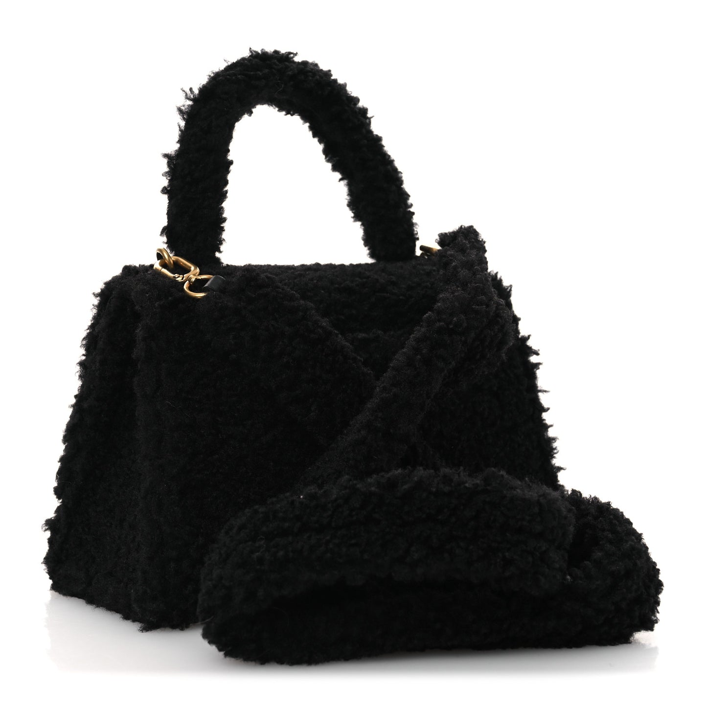 Curly Faux Shearling Small Hourglass Top Handle Bag  Black