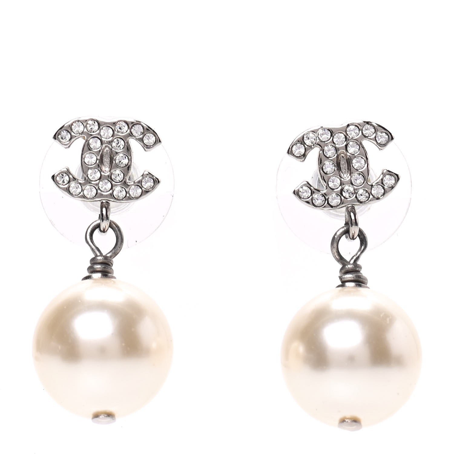 Chanel Crystal Pearl CC Drop Earrings Silver 1 of 5