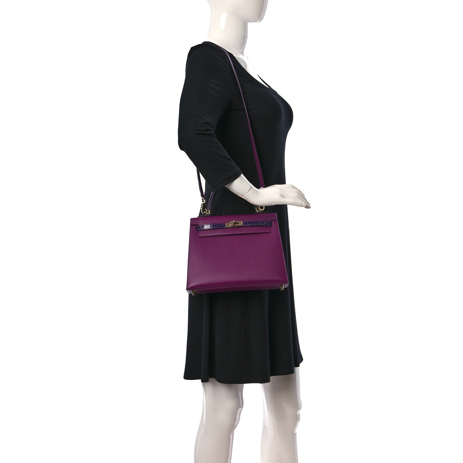 Hermes Madame Calfskin Shiny Niloticus Crocodile Kelly Sellier Touch 25 Anemone Amethyst 3 of 11