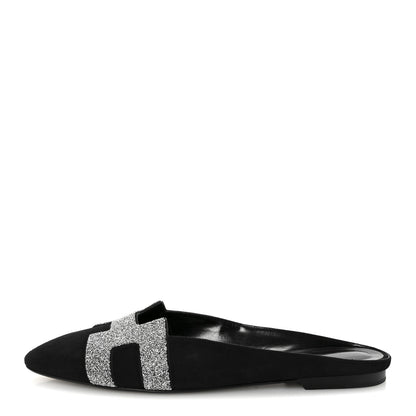 Hermes Suede Goatskin Crystal Roxane Mules 40 Gris Argente Black 1 of 9