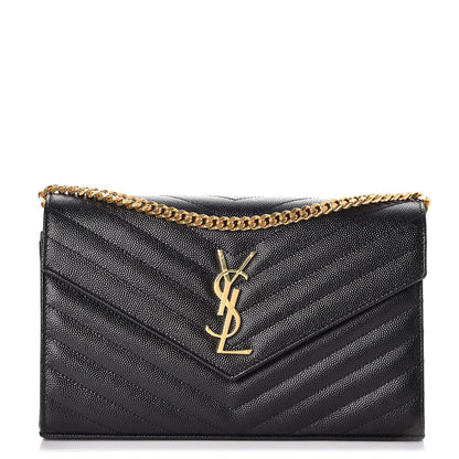Saint Laurent Grain De Poudre Matelasse Chevron Monogram Chain Wallet Black 1 of 7