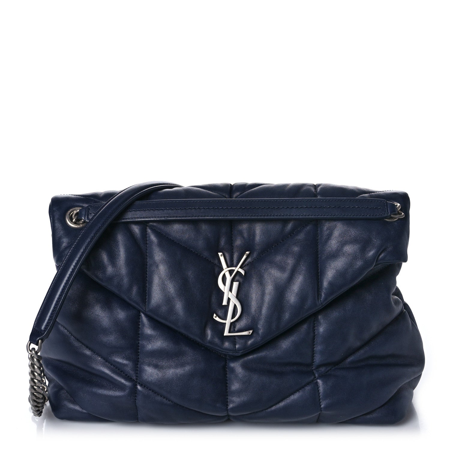 Saint Laurent Lambskin Quilted Medium Loulou Puffer Monogram Chain Satchel Navy 1 of 9