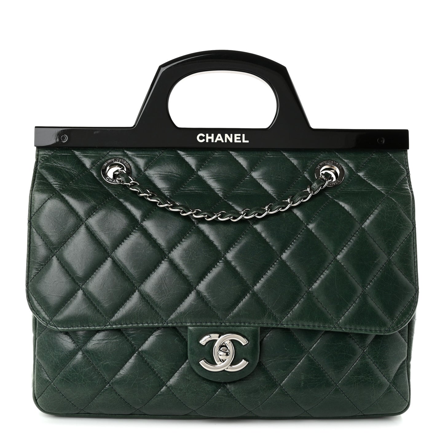 Glazed Calfskin Quilted Small CC Delivery Tote Dark Green