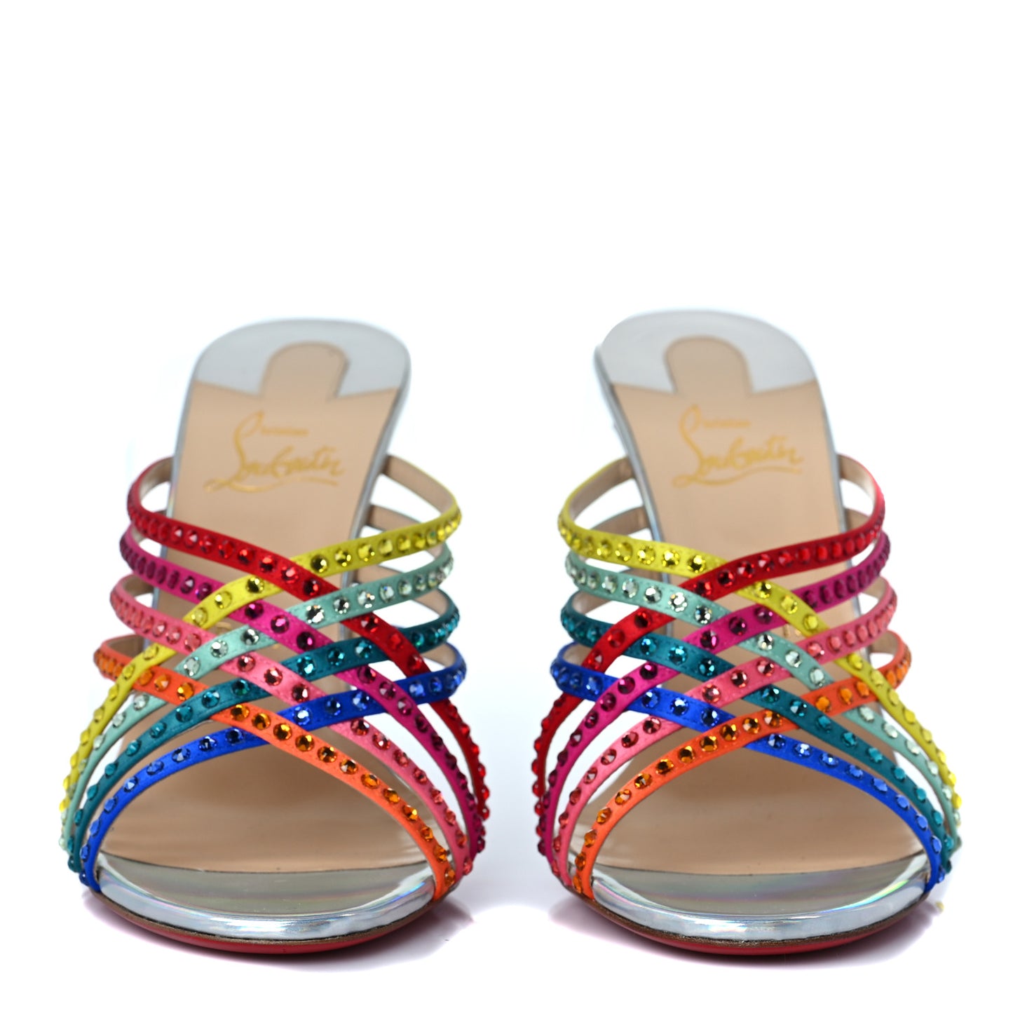 Specchio Calfskin Crystal Marthastrass 100 Slide Sandals 40.5 Silver Multicolor