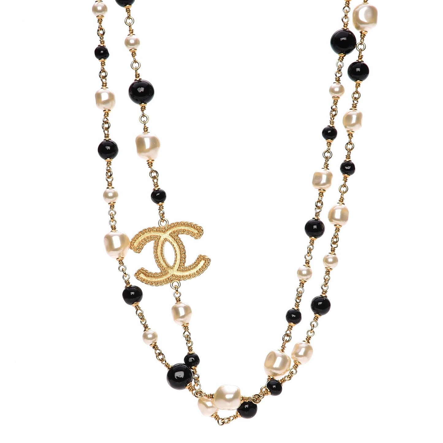 Pearl Bead CC Long Necklace Black Gold