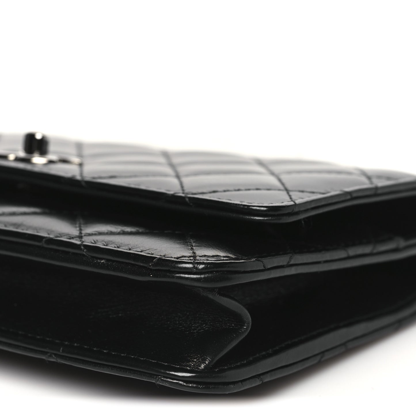 Shiny Crumpled Calfskin Strass Quilted Top Handle Wallet On Chain WOC Black