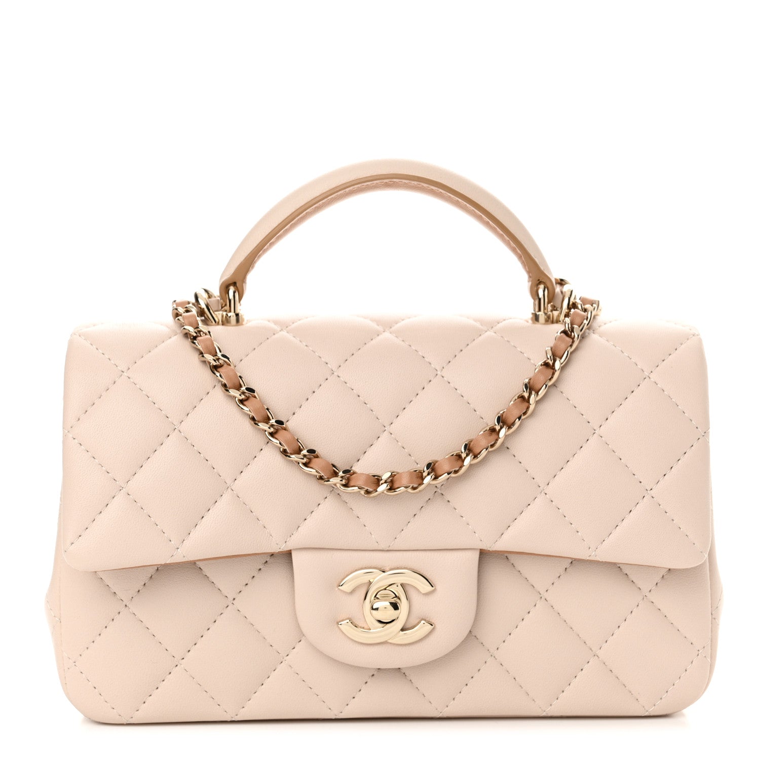 Chanel Lambskin Quilted Bi-Color Mini Top Handle Rectangular Flap Ecru Dark Beige 1 of 11