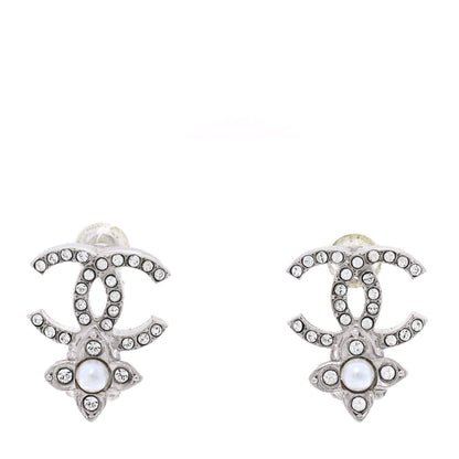 Chanel Crystal Pearl Flower CC Earrings Silver 1 of 4