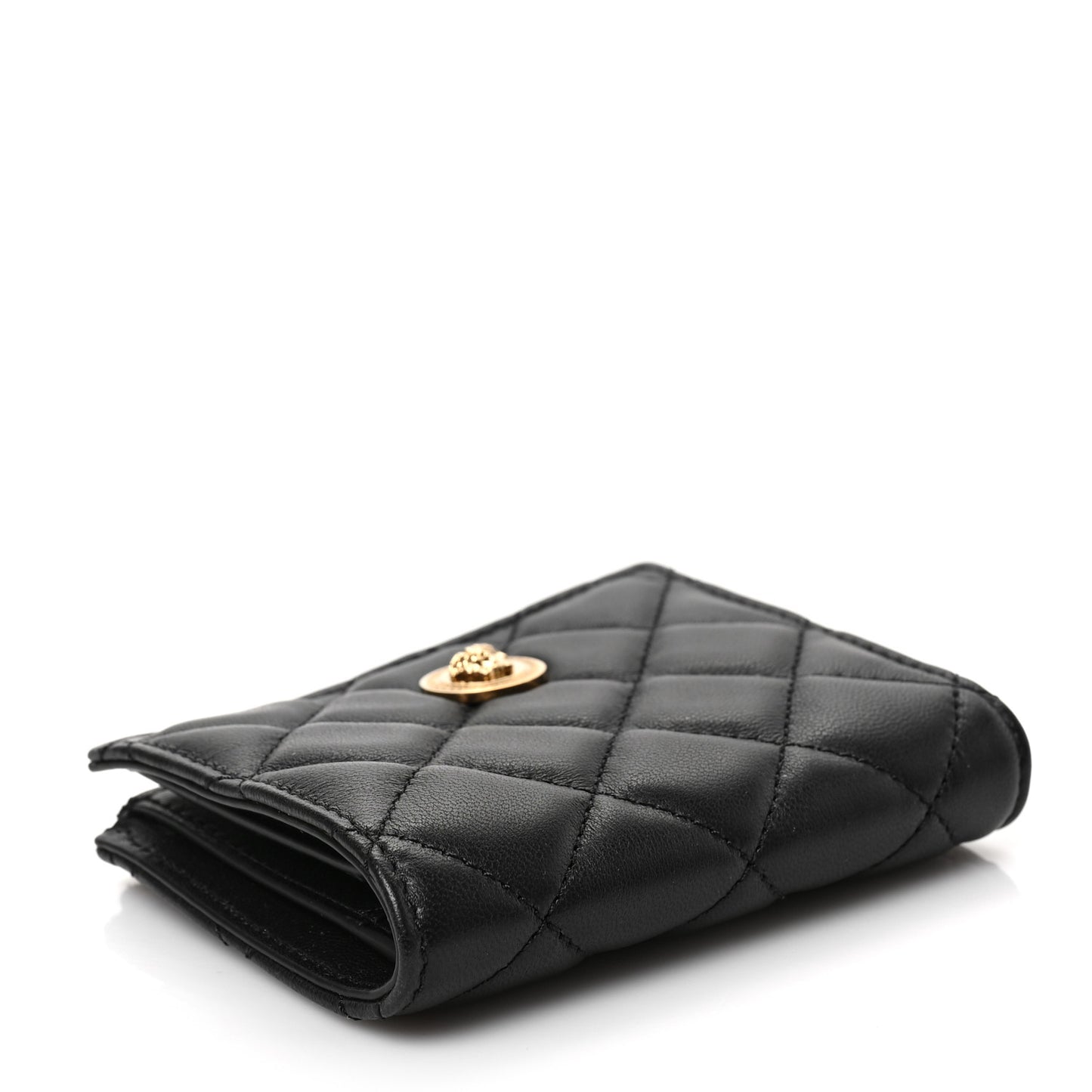 Calfskin Quilted Medusa Zip Card Holder Wallet Black
