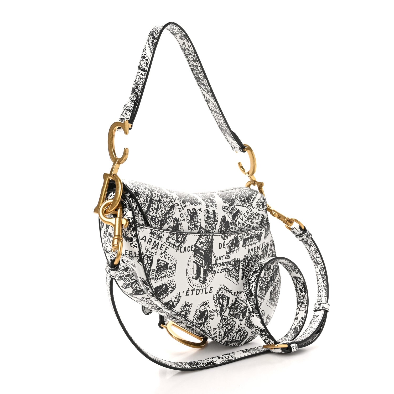 Christian Dior Calfskin Plan De Paris Printed Saddle Bag With Strap White Black 3 of 10