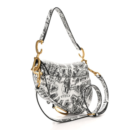 Christian Dior Calfskin Plan De Paris Printed Saddle Bag With Strap White Black 3 of 10