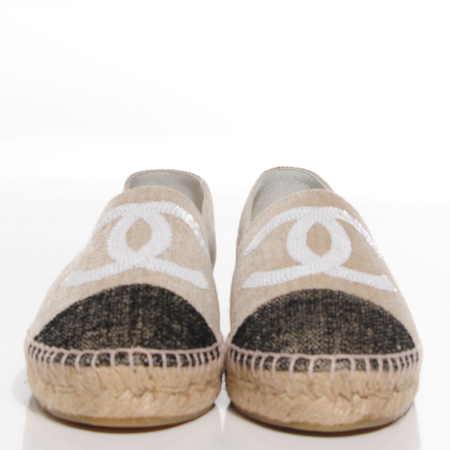Chanel Toile Sequin CC Espadrilles 37 Beige Black 3 of 7