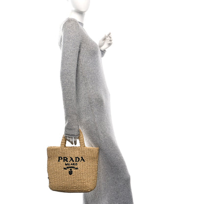 Prada Yarn Raffia Effect Crochet Embroidered Small Logo Tote Naturale 2 of 9
