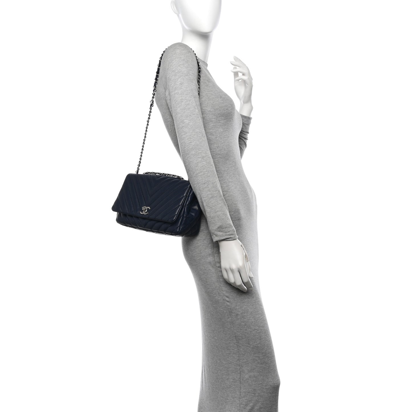 Lambskin Chevron Quilted Single Flap Navy Blue