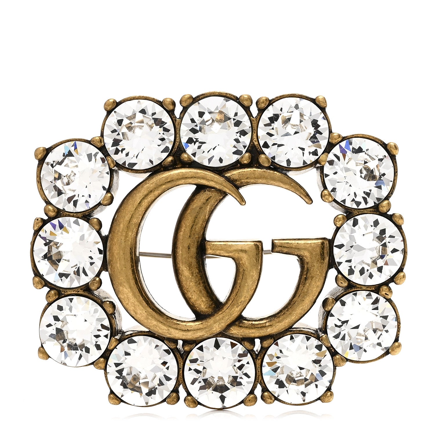 Gucci Metal Crystal Double G Brooch Aged Gold 1 of 4