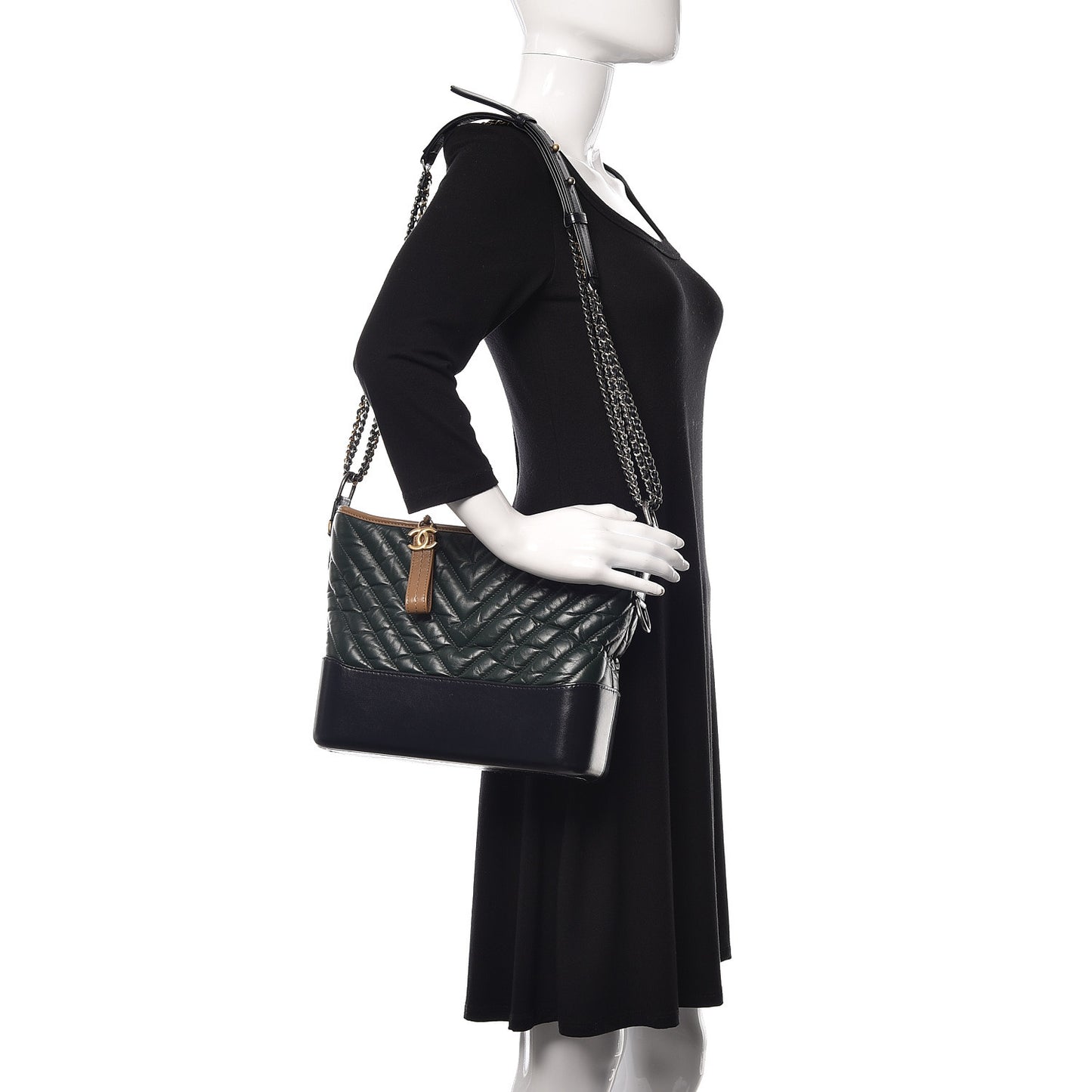 Aged Calfskin Chevron Quilted Medium Gabrielle Hobo Green Black