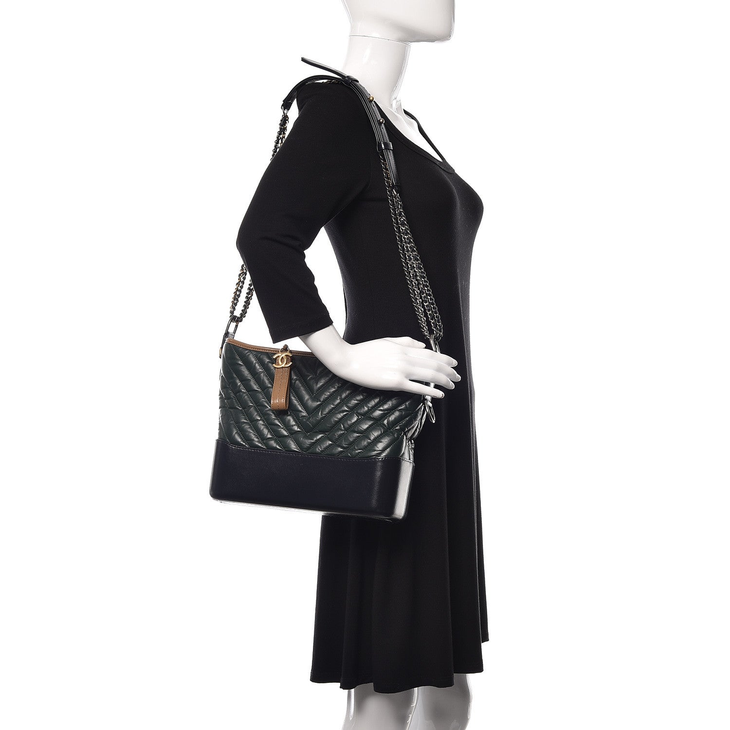Chanel Aged Calfskin Chevron Quilted Medium Gabrielle Hobo Green Black 2 of 10