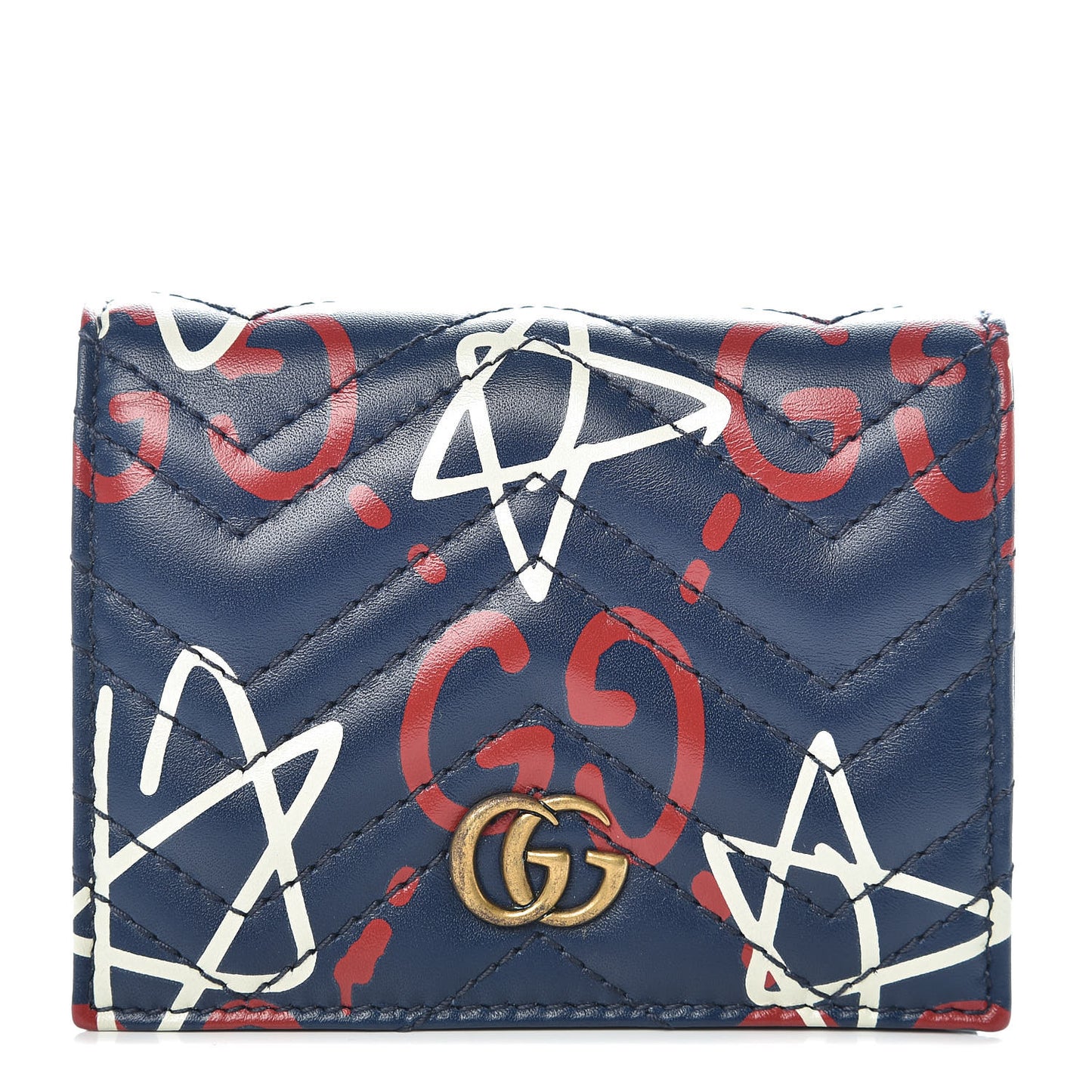 Calfskin Matelasse GucciGhost GG Marmont Card Case Blue Agata Hibiscus Red