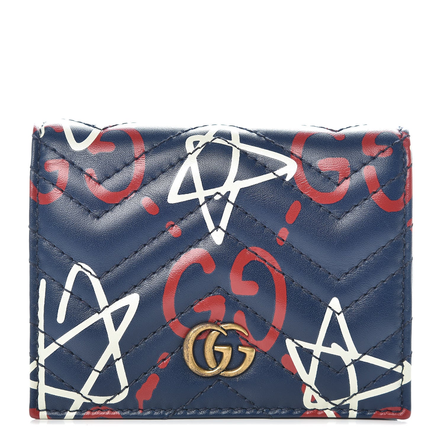 Gucci Calfskin Matelasse GucciGhost GG Marmont Card Case Blue Agata Hibiscus Red 1 of 8