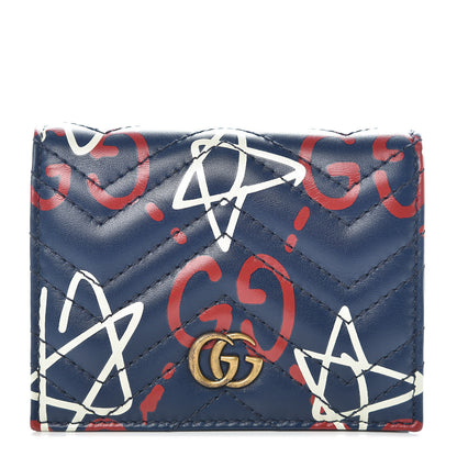 Gucci Calfskin Matelasse GucciGhost GG Marmont Card Case Blue Agata Hibiscus Red 1 of 8