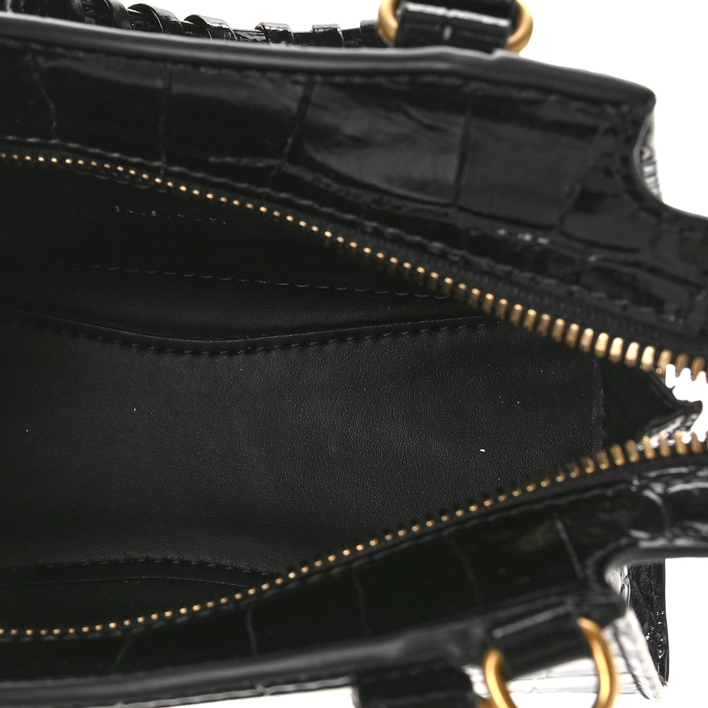 Shiny Supple Calfskin Crocodile Embossed Neo Classic Gold Hardware Nano City Crossbody Black
