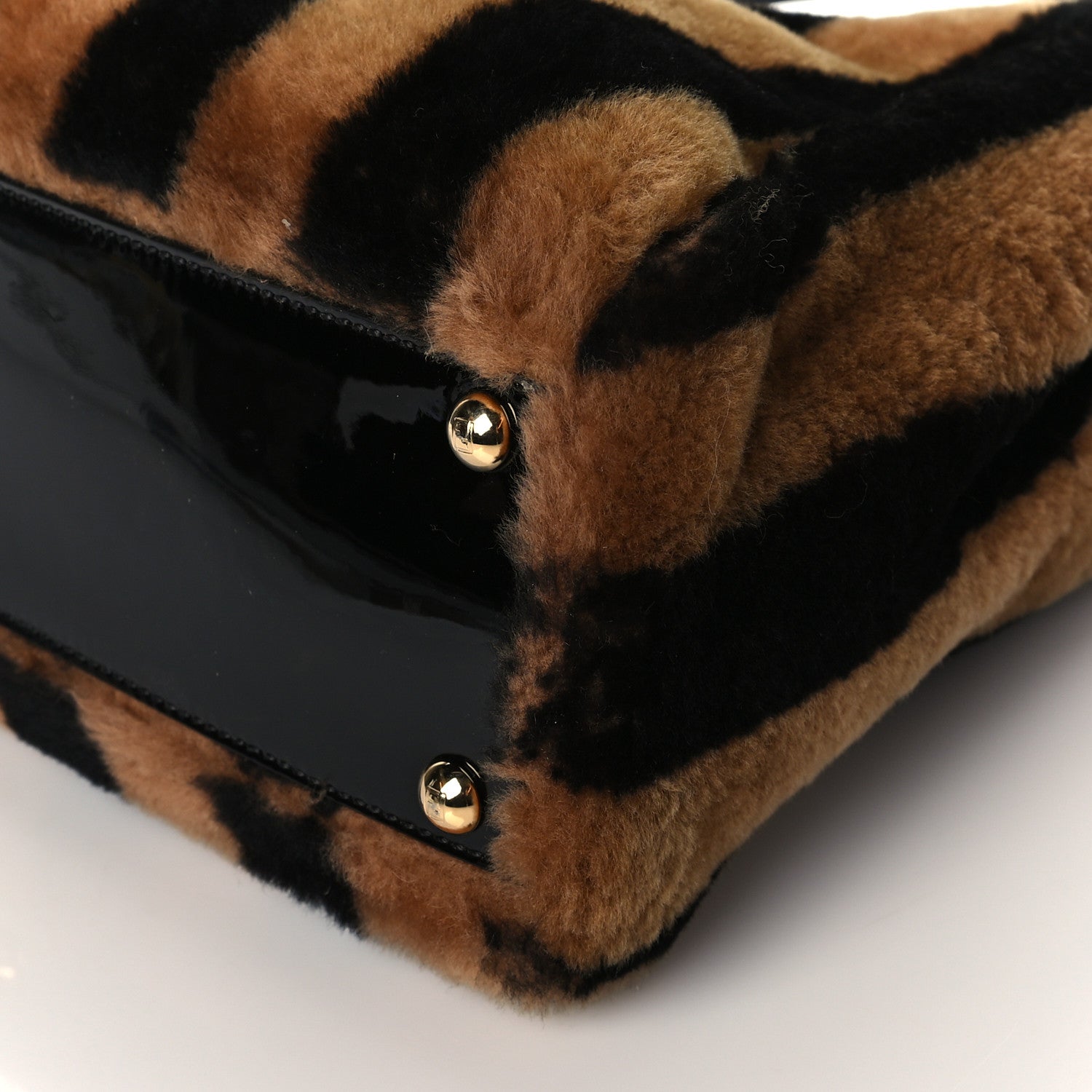 Fendi Shearling Vitello Vernice Mou Pequin Striped Medium Peekaboo Iconic Satchel Tobacco Black 9 of 9