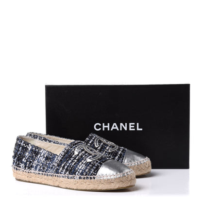 Chanel Metallic Tweed Lambskin CC Espadrilles 38 Blue Black Silver 10 of 10