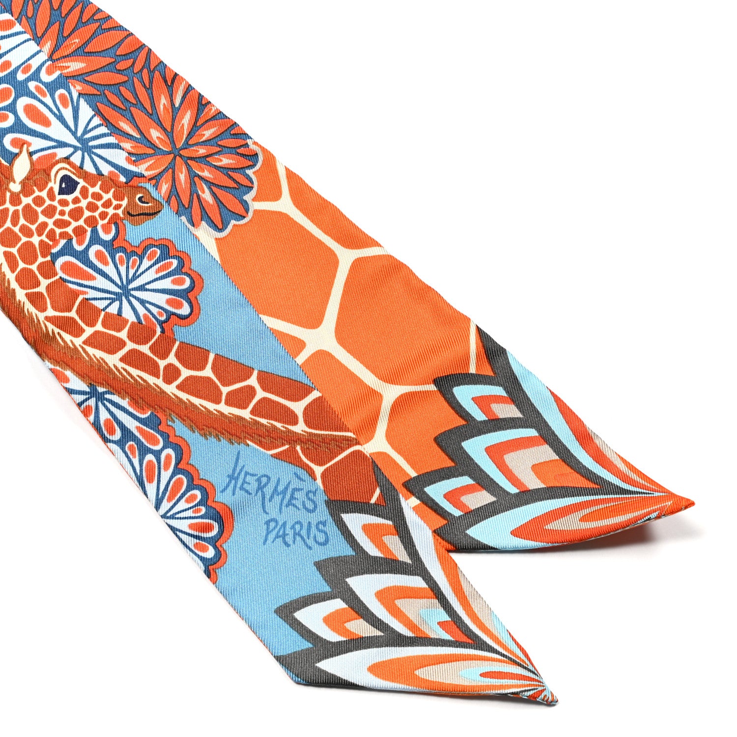 Hermes Silk The Three Graces Twilly Bleu Jean Orange 2 of 4