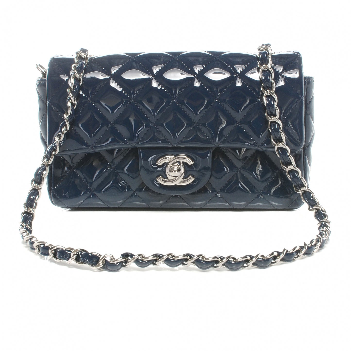 Patent Quilted Mini Flap Navy Blue