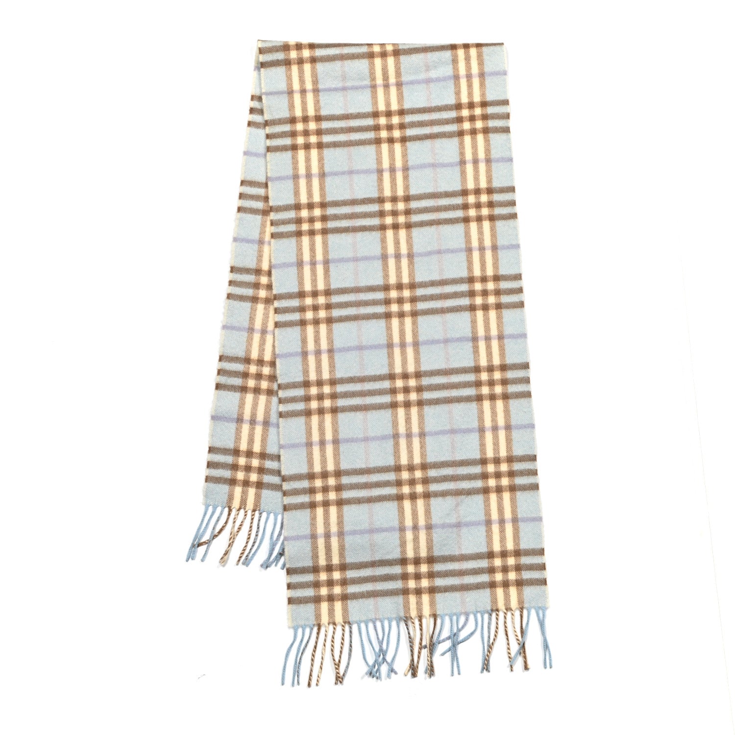 Burberry Cashmere Wool Check Fringe Scarf Light Blue 2 of 4