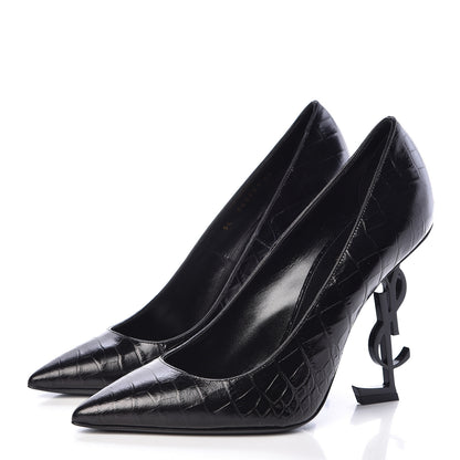 Saint Laurent Calfskin Crocodile Embossed Opyum 110 Pumps 39 Black 3 of 10